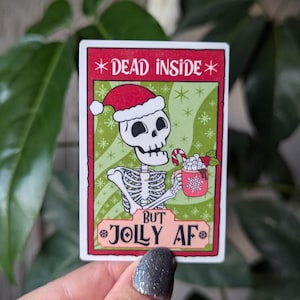 Autocollant AF mort à l'intérieur mais joyeux, carte de tarot tête de mort, autocollants d'humour noir pour ordinateur portable, autocollants de santé mentale, Noël tendance, cadeau de vacances
