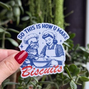 Puede incluir: Una pegatina blanca con un dise&ntilde;o azul y rojo. Muestra un gato de dibujos animados y una mujer con un gorro de cocinero, ambos horneando galletas. El texto dice "So this is how u make biscuits".