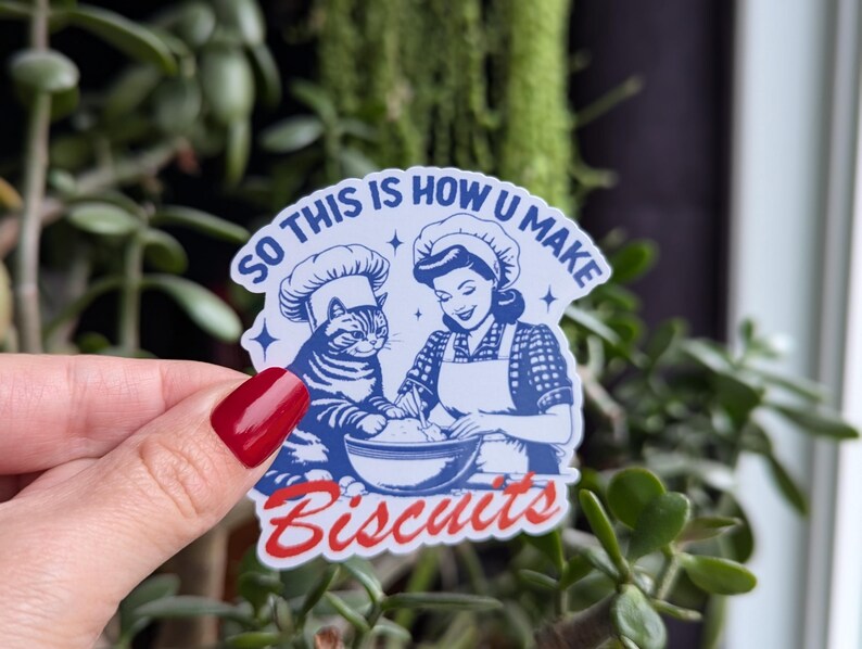 Puede incluir: Una pegatina blanca con un dise&ntilde;o azul y rojo. Muestra un gato de dibujos animados y una mujer con un gorro de cocinero, ambos horneando galletas. El texto dice "So this is how u make biscuits".
