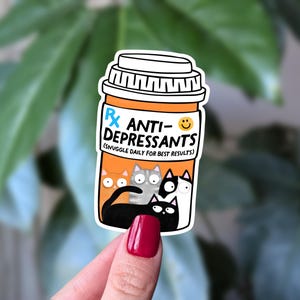 Adesivo de gato com receita, adesivo engraçado de antidepressivo, decalque de vinil com humor sobre saúde mental, adesivo fofo de gato para diários, laptops, garrafas
