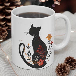 Beautiful Black Cat and Flowers Mug 11oz Artistic, Black Cat Silhouette, Floral Cat Coffee Mug