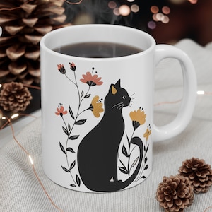 Beautiful Black Cat and Flowers Mug 11oz Artistic, Black Cat Silhouette, Floral Cat Coffee Mug