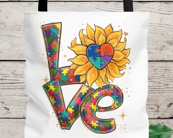 Love Autism Awareness Tote Bag 3 Sizes, 3 Strap Colors, Neurodivergent, Christmas Gift for Mom, Autistic, Autistm Awareness Bag