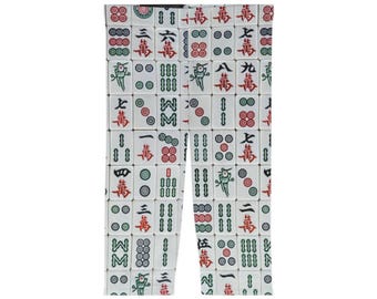 Mahjong Tile Women's Leggings, Asian Tile Pattern Capri Pants, Game Lover Leggings, Comfortable Mahjong Print Leggings, Yoga Pants