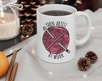 Yarn Artist at Work Ceramic Mug, (11oz, 15oz), Crochet Lover, Yarn Lover, Crochet Coffee Mug, Gift for Yarn Lover
