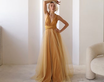 Robe Infinity jaune moutarde Tulle, Robe de demoiselle d’honneur jaune moutarde, Robe convertible, Robe Maxi, Robe Multiway, Mariage jaune moutarde