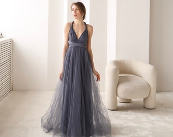 Robe infini gris foncé en tulle, robe de demoiselle d'honneur gris foncé en tulle, robe convertible grise, robe multi-voies, robe de demoiselle d'honneur, mariage gris