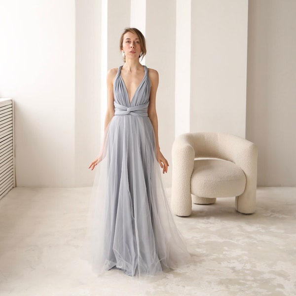 Robe infini grise en tulle, robe de demoiselle d'honneur grise en tulle, robe convertible grise, robe multi-voies, robe de demoiselle d'honneur, mariage gris