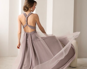 Taupe Infinity Dress Tulle, Taupe Bridesmaid Dress Tulle, Taupe Convertible Dress, Multiway Dress, Bridesmaid Dress, Taupe Wedding