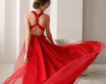 Robe infini rouge en tulle, robe de demoiselle d'honneur rouge, robe convertible rouge, robe multi-positions, robe de demoiselle d'honneur, mariage rouge, robe longue rouge