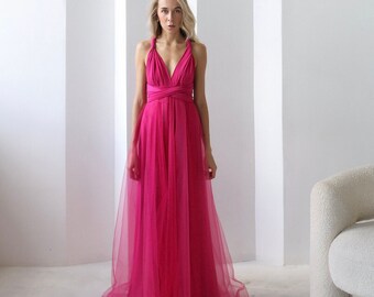 Hot pink Infinity Dress Tulle, Hot pink Bridesmaid Dress, Pink Convertible Dress, Multiway Dress, Bridesmaid Dress, Hot Pink Wedding