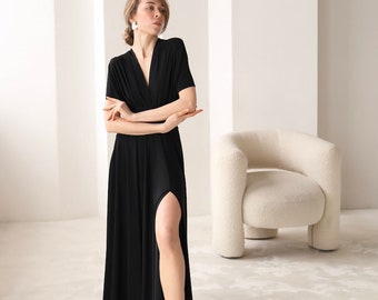 Robe infini noire avec fente, robe de demoiselle d'honneur noire, robe convertible noire, robe multi-positions, robe de demoiselle d'honneur, robe longue noire