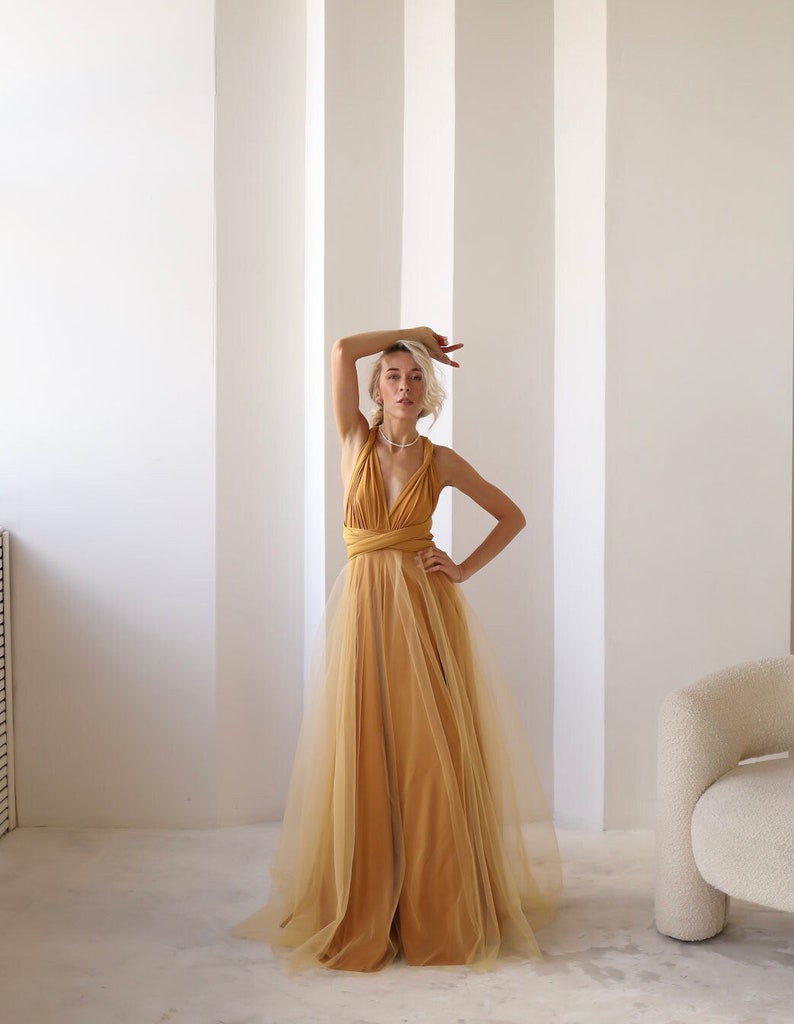 Robe Infinity jaune moutarde Tulle, Robe de demoiselle dhonneur jaune moutarde, Robe convertible, Robe Maxi, Robe Multiway, Mariage jaune moutarde image 1