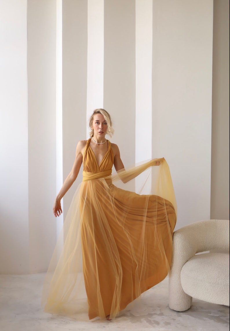 Robe Infinity jaune moutarde Tulle, Robe de demoiselle dhonneur jaune moutarde, Robe convertible, Robe Maxi, Robe Multiway, Mariage jaune moutarde image 6