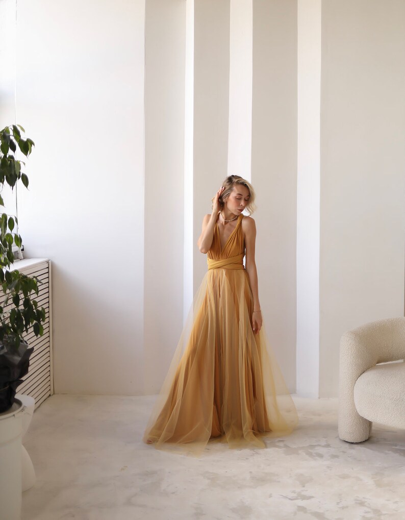 Robe Infinity jaune moutarde Tulle, Robe de demoiselle dhonneur jaune moutarde, Robe convertible, Robe Maxi, Robe Multiway, Mariage jaune moutarde image 7