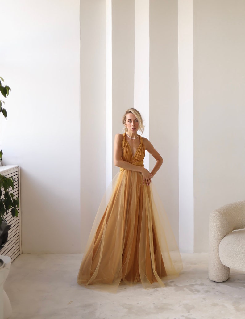 Robe Infinity jaune moutarde Tulle, Robe de demoiselle dhonneur jaune moutarde, Robe convertible, Robe Maxi, Robe Multiway, Mariage jaune moutarde image 2