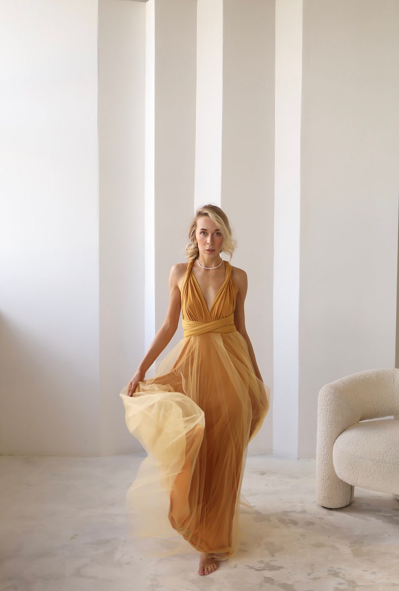 Robe Infinity jaune moutarde Tulle, Robe de demoiselle dhonneur jaune moutarde, Robe convertible, Robe Maxi, Robe Multiway, Mariage jaune moutarde image 10