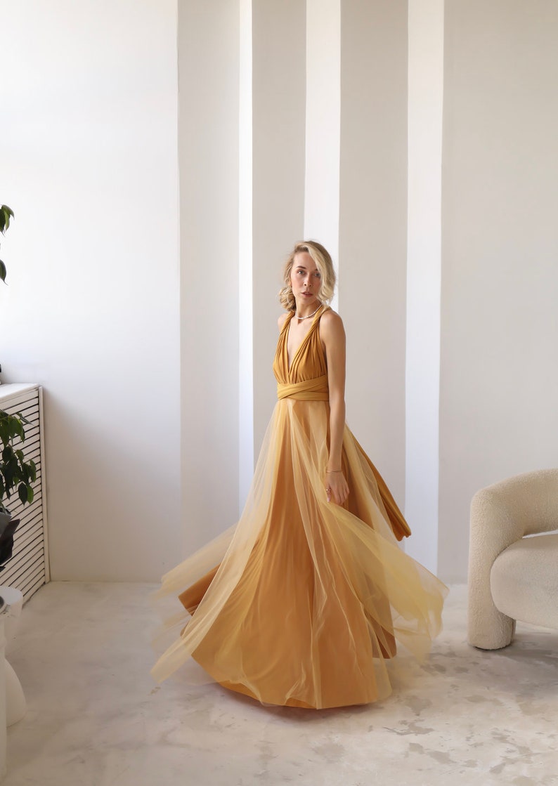 Robe Infinity jaune moutarde Tulle, Robe de demoiselle dhonneur jaune moutarde, Robe convertible, Robe Maxi, Robe Multiway, Mariage jaune moutarde image 9