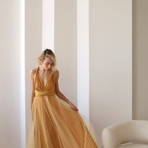 Robe Infinity jaune moutarde Tulle, Robe de demoiselle dhonneur jaune moutarde, Robe convertible, Robe Maxi, Robe Multiway, Mariage jaune moutarde image 4