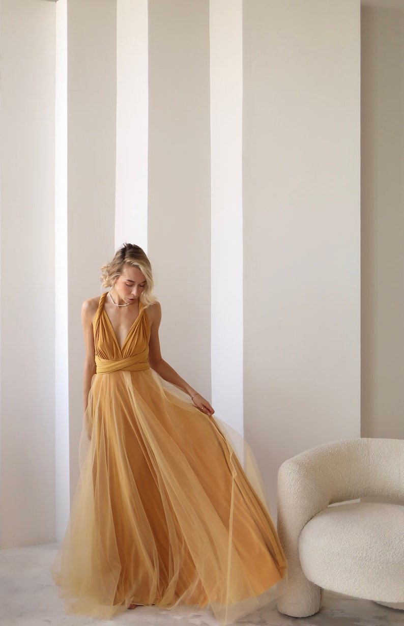 Robe Infinity jaune moutarde Tulle, Robe de demoiselle dhonneur jaune moutarde, Robe convertible, Robe Maxi, Robe Multiway, Mariage jaune moutarde image 4