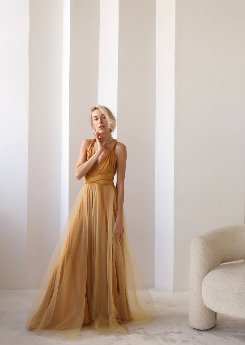 Robe Infinity jaune moutarde Tulle, Robe de demoiselle dhonneur jaune moutarde, Robe convertible, Robe Maxi, Robe Multiway, Mariage jaune moutarde image 8