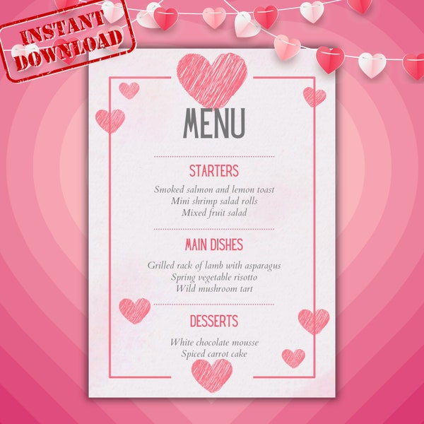 Menu personalizzato per la cena di San Valentino, modello stampabile modificabile, menu romantico, cartello delle bevande del cocktail bar, menu del ristorante, download istantaneo