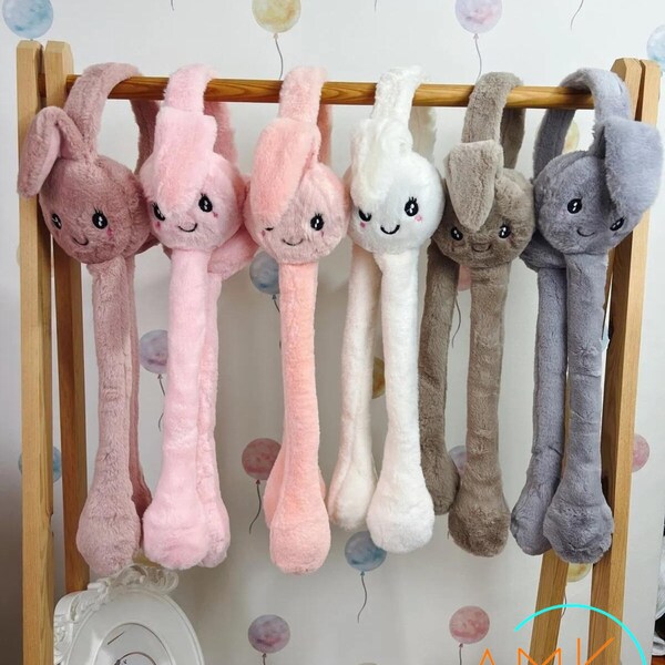 Cache-oreilles avec oreilles de lapin mobiles et longues queues, peluche/cache-oreilles avec oreille mobile manuelle lorsque vous appuyez sur les queues, cadeau insolite