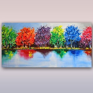 Beautiful garden trees, Landscape, Vibrant, Large Abstract, Original Acrylic painting on Canvas, 36&quot;x18&quot; inch, Best gift, Unique artwork-187