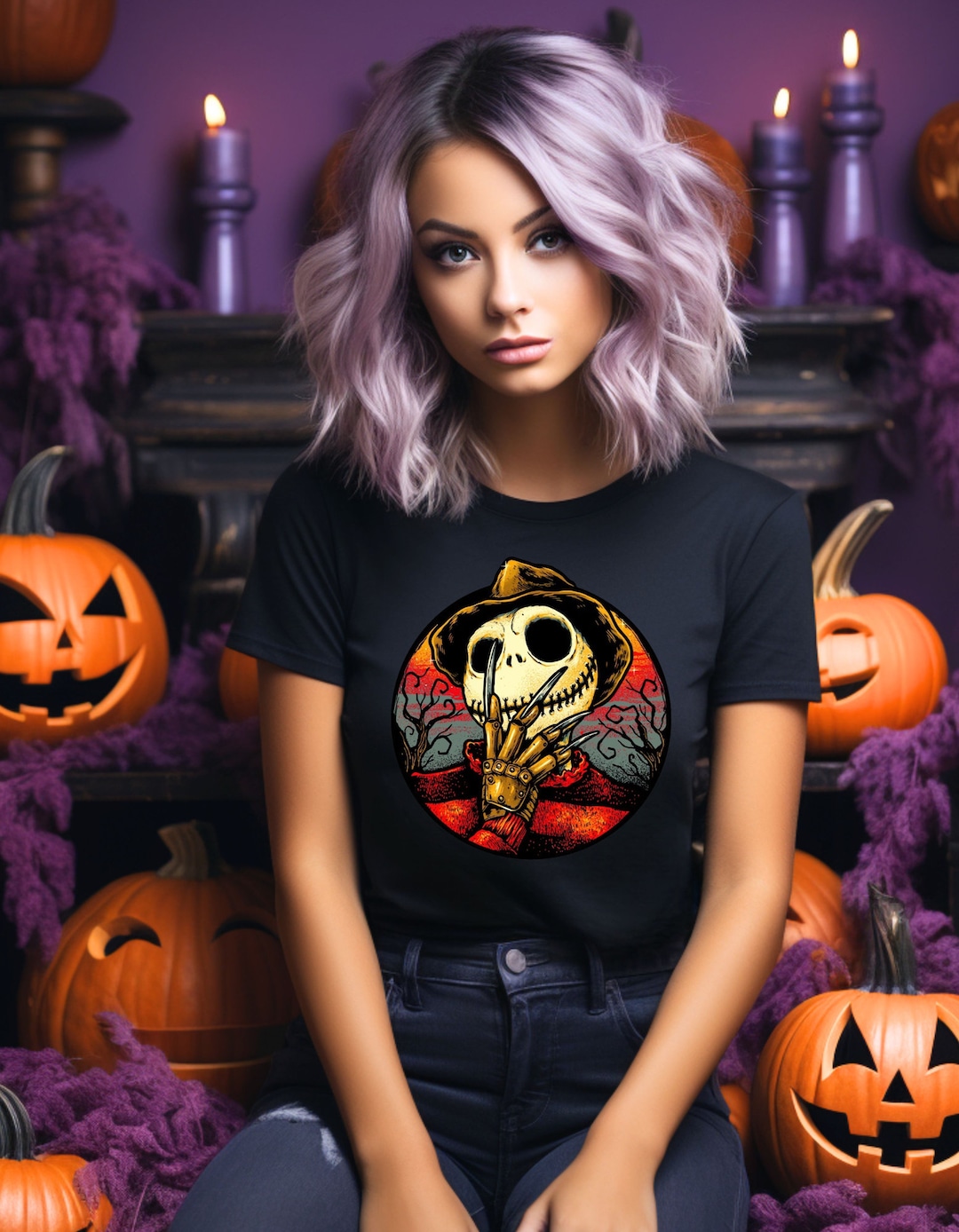 Jack Skellington Freddy Krueger Camiseta teñida en prenda