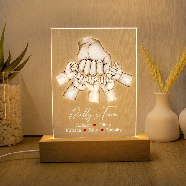 Personalized Fist Bump Fathers Day Gifts From Wife, Daddys Team Acrylic Night Light, Custom Fist Bump Family Hand, Father's Day Gift