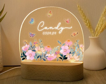 Custom Floral Butterfly Name Night Light, Birthday Gift for Her, Bedroom Bedside Light, Personalized Flower Garden Night Lamp, Nursery Decor