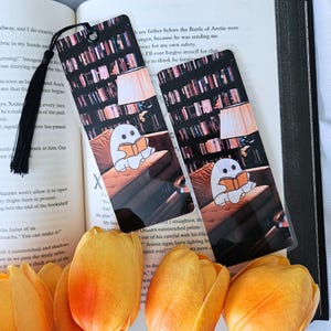 Adorable Spooky Ghost Reading at the Library Bookmark, Bookworm Gift, Reading Accessories, Library