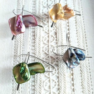 TITANIUM or NIOBIUM pendant earrings. 100% Hypoallergenic. Suitable for sensitive skin. Irregular, unique colorful mother of pearl.