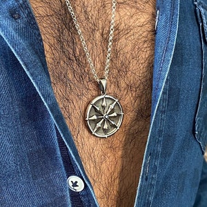 Handmade Sterling Silver Dharma Wheel Necklace, Buddhist Eightfold Path Pendant, Unique Silver Jewelry, Personalized Men & Women Necklace