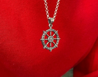 Handmade Wheel of Dharma Silver Necklace, Buddhist Eightfold Path Symbol, Dharmachakra Necklace, Personalized Dharma Pendant, Men&#39;s Jewelry