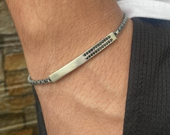Sterling Silver Men&#39;s Bar ID Name Bracelet, Personalized Medical ID Bracelet, Gift for Him, 925 Silver Custom Name Bracelets, Father Gift