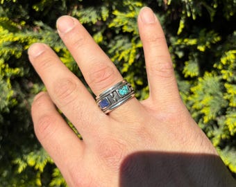 Sterling Zilveren Multi Steen Verstelbare Ring, Turquoise Lapis Koraal Inlay Vintage Boho Statement Sieraden