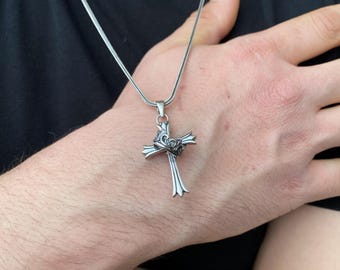 Silver Cross Pendant Necklace, Cross Crown Necklace, Sterling Silver Men&#39;s Cross Pendant, 925k Christian Jewelry, Gift for Him, Gift for Her