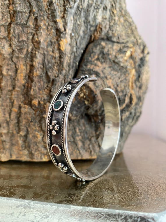 Personalized Silver Cuff Bracelet, Boho Tribal Bangle With