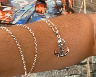 Sterling Silver Anchor Necklace, Handmade Men&#39;s Anchor Pendant, Silver Nautical Personalized Pendant, Gift for Him, Gift for Boyfriend