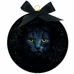 Shiny and frosted Christmas ball with the image of the Black Cat (black ball) Christmas tree decoration | purebred dog collectible