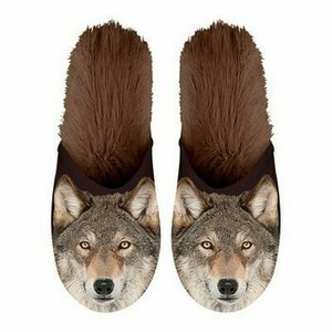 Slipper slipper with the image of the wolf, brown background