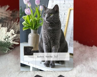 Calendrier de l'avent Chat gris chartreux personnalisé avec votre message | noël avec des chocolats fins à l'effigie du chat cadeau original