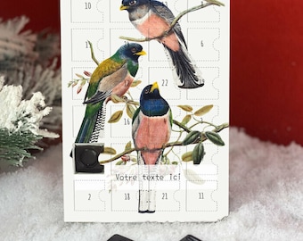 Calendrier de l'avent Oiseaux dessin amoureux de la nature personnalisé avec votre message | Avec des chocolats fins cadeau original