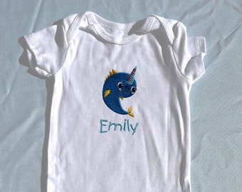 Narwhal Onesie® - Narwhal Baby Pajamas - Narwhal Baby Onesie® - Narwhal Baby - Embroidered Onesie® - Personalized Baby PJs - Fish Onesie®