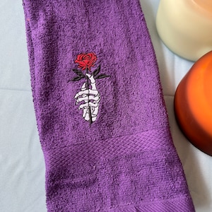 Skeleton Hand Towel - Halloween Tea Towel - Halloween Rose Towel - Halloween Embroidered Towel - Halloween Hand Towel