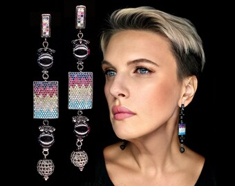 Art Deco-örhängen – Svarta pärlor, rektangulär droppe i CZ, extra långt hänge i gunmetall