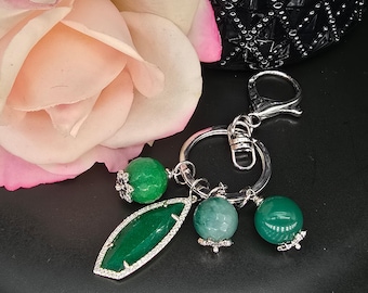 Bag Charm Keychain - Large Green Marquise Crystal, Jade Beads, Cubic Zirconia, Silver