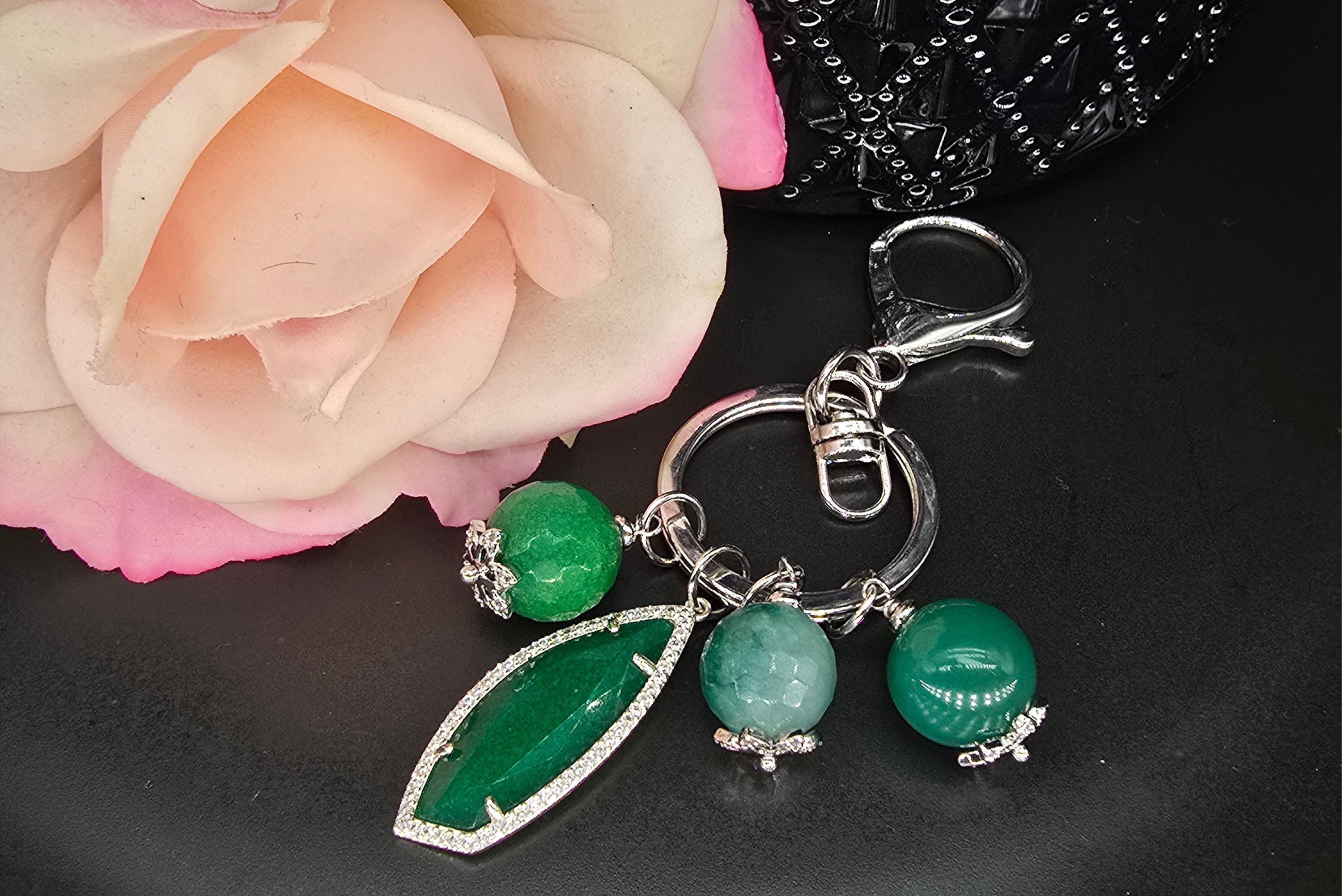 Bag Charm Keychain - Large Green Marquise Crystal, Jade Beads