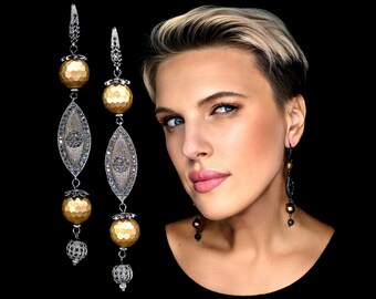 Art Deco-örhängen – Bruna pärlor, svart CZ-droppe med markis, extra långt hänge i gunmetall